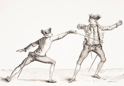 A swordsman parries a thrust from his opponent, from 